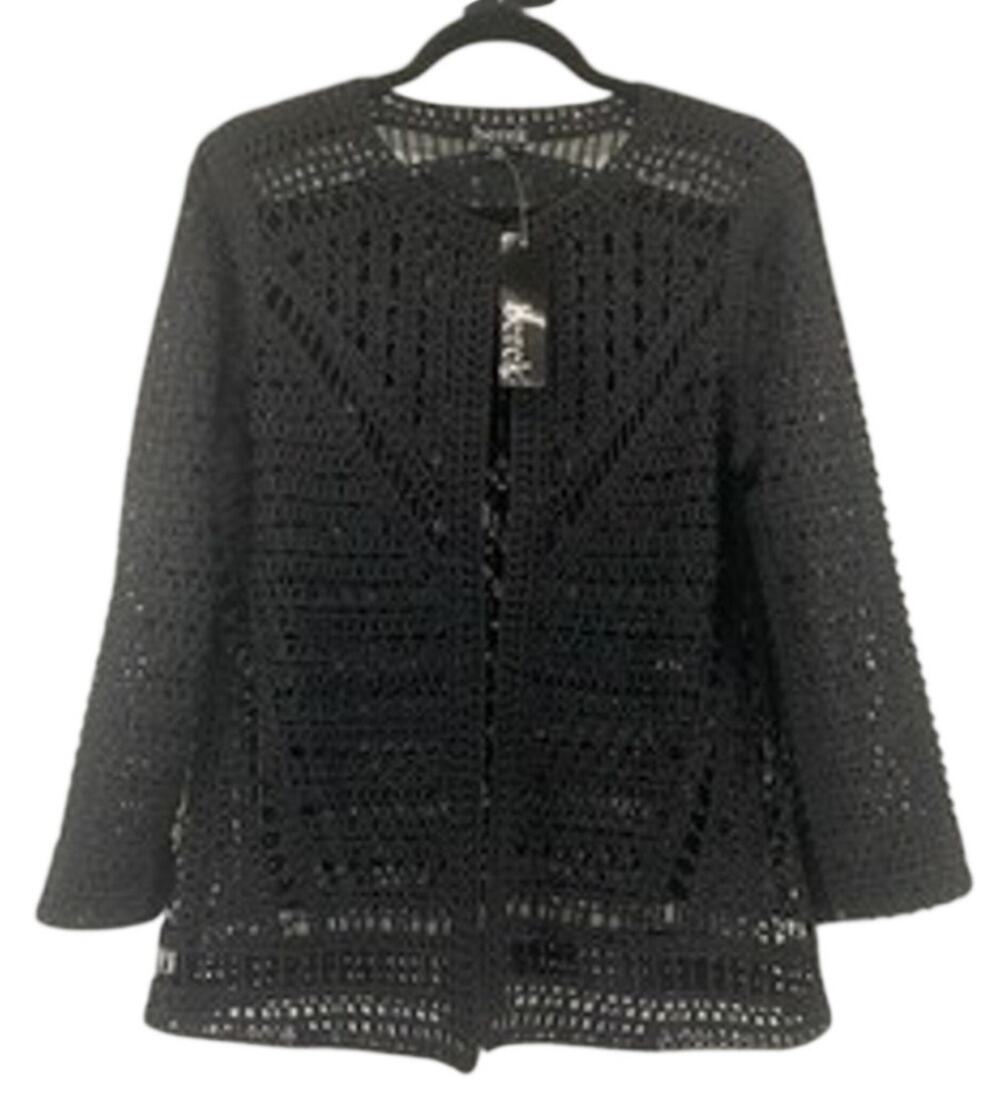 Berek Black Open Knit Crochet Cardigan Jacket Boho Coastal Whimsigoth Size PM